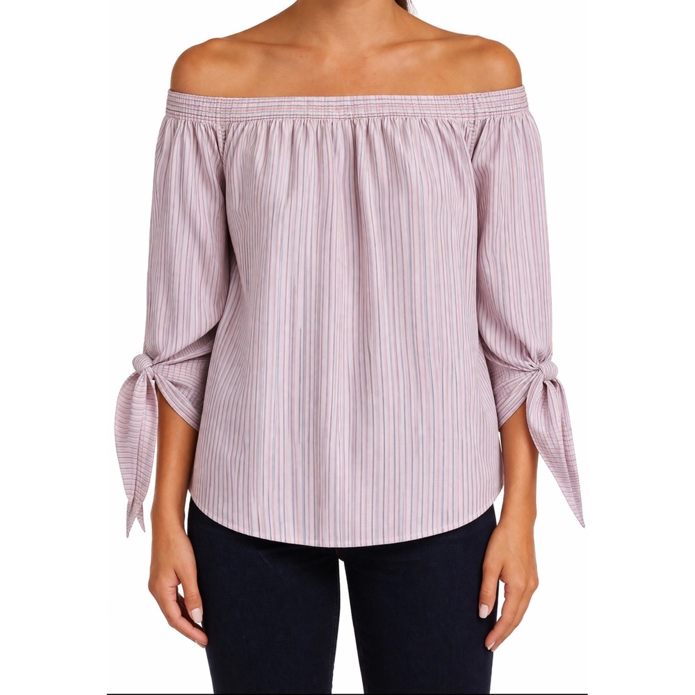 Beachlunchlounge Paige Off Shoulder Striped Bell Sleeve Cotton Top Bubble Gum M